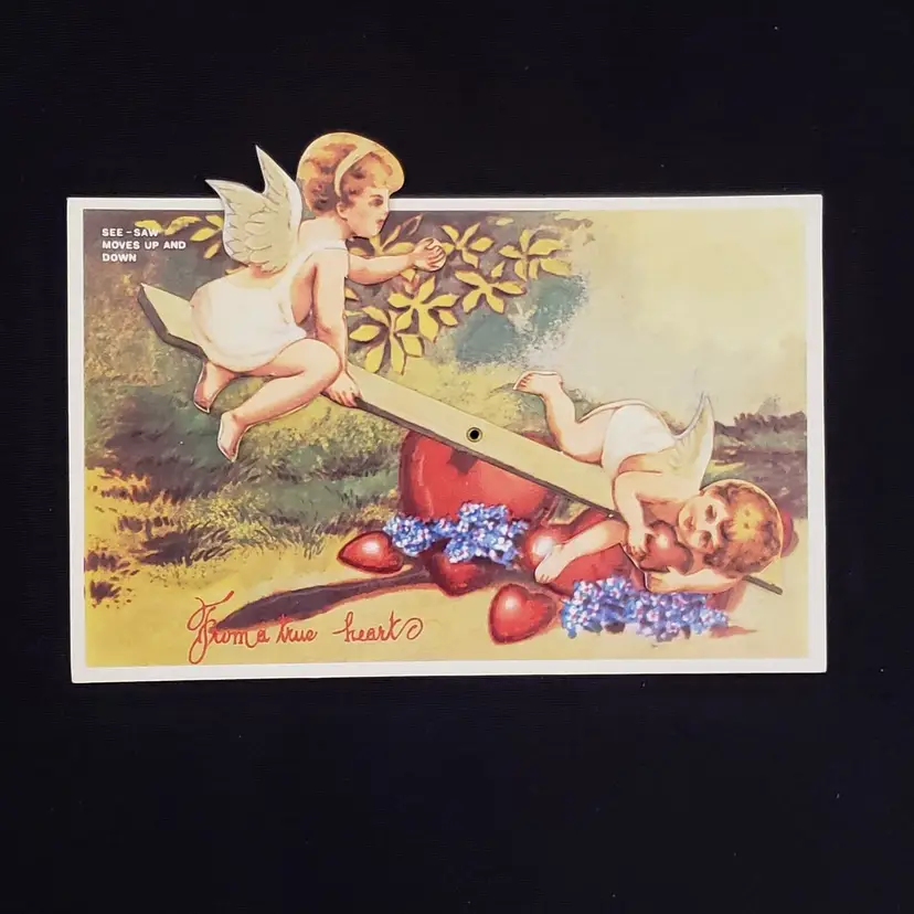 Valentine's Day Post Card - From A True Heart - See-Saw moves 1982 rare Vintage