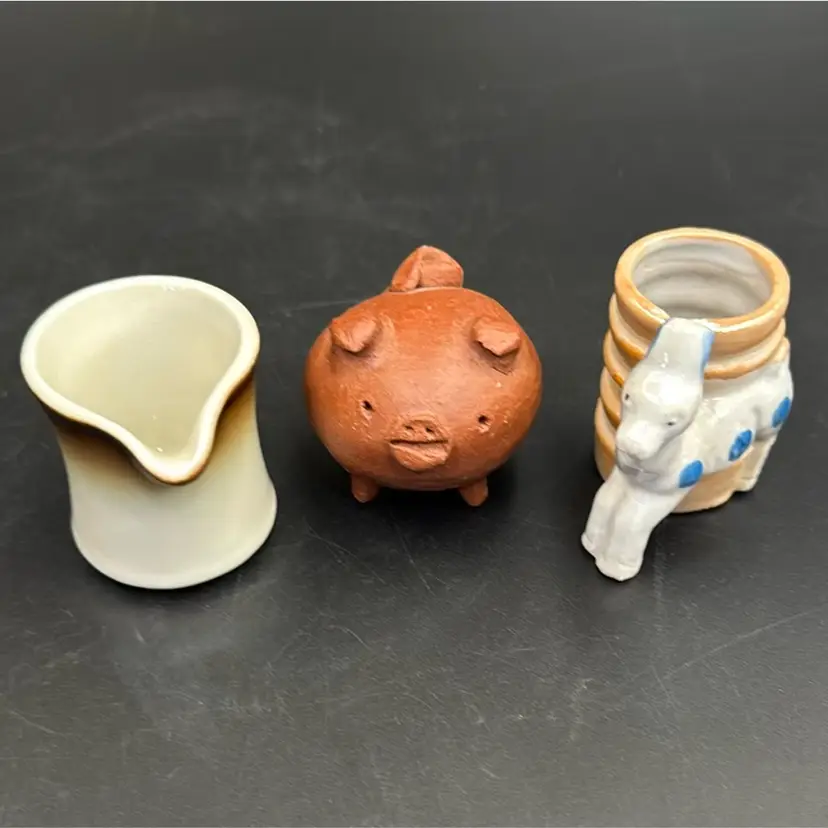 #01 Miniatures, Pottery, Pig, Toothpick Holder And Creamer