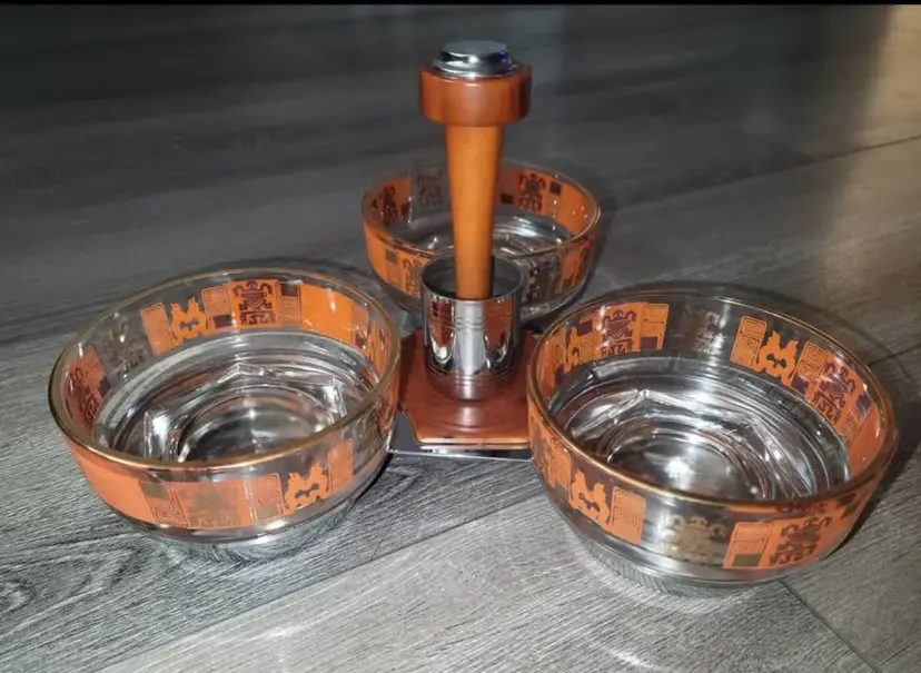 Vintage Glo Hill Gourmates Tiki/Mayan Condiment Set with Butterscotch Bakelite Handle from the Mid-century Modern Era