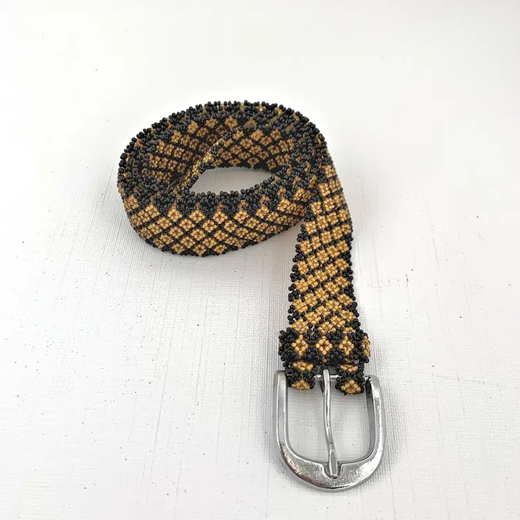 Woven Glass Seed Bead Belt Mod Black Gold Geometric Retro Vintage