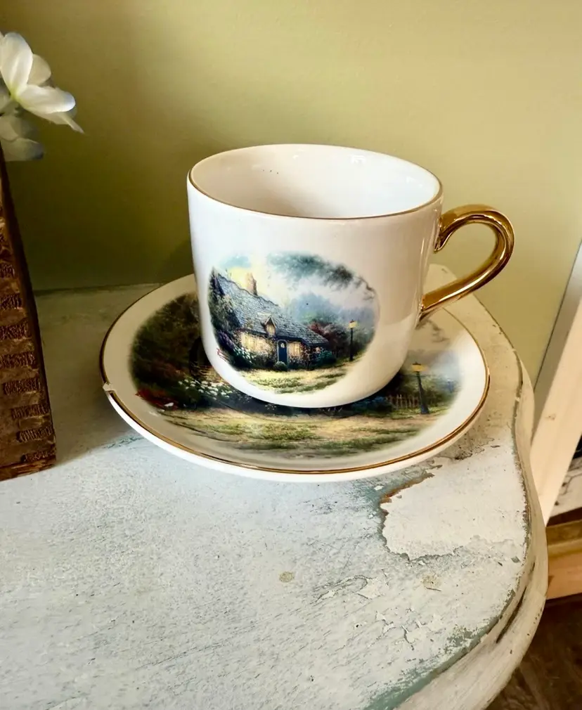 Vintage Thomas Kinkade Moonlight Cottage Cup & Saucer, cottage core/granny core