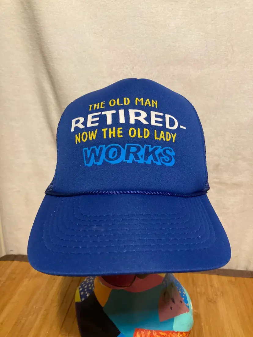 80s The Old Man Retired Now Lady Works Foam Trucker Hat Blue OS Womens Mesh Back