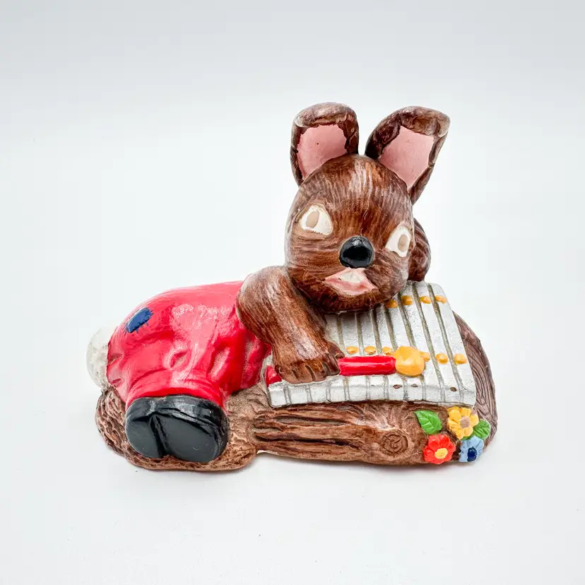 Weirdo Lounging Bunny with Xylophone Ceramic Figurine Vintage 3" x 3.5" x 4.5"