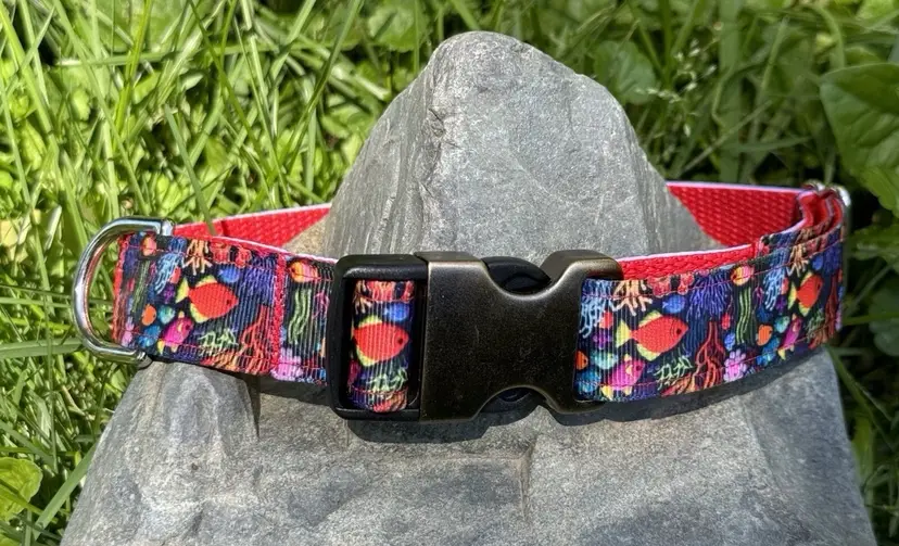 Dog Collar Red Fish Sea Underwater Large Handmade Heavy Duty W/Buckle NEW