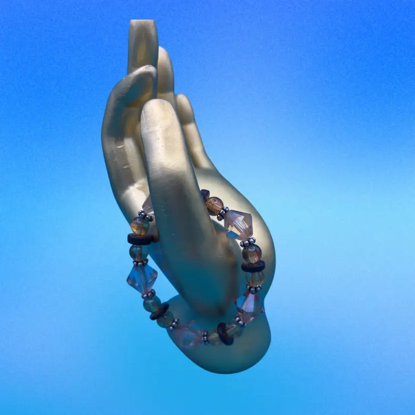 Vintage Beaded Stretch Bracelet – Amber, Green & Silver Tone Accents