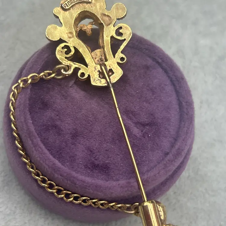 Vintage Florenza Gold Tone Stick Pin Ornate Dangle Brooch Black & Pink Stones Victorian Revival