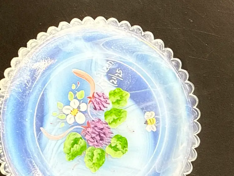 Vtg Pairpoint Art Glass 3.5" Cup Plate Hand Painted Flowers Bumblebee