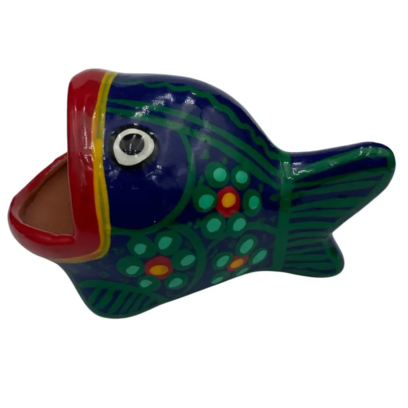 Talavera (Mexico) Terra Cotta Big-Mouthed Fish, Hand Painted, Container, Trinket