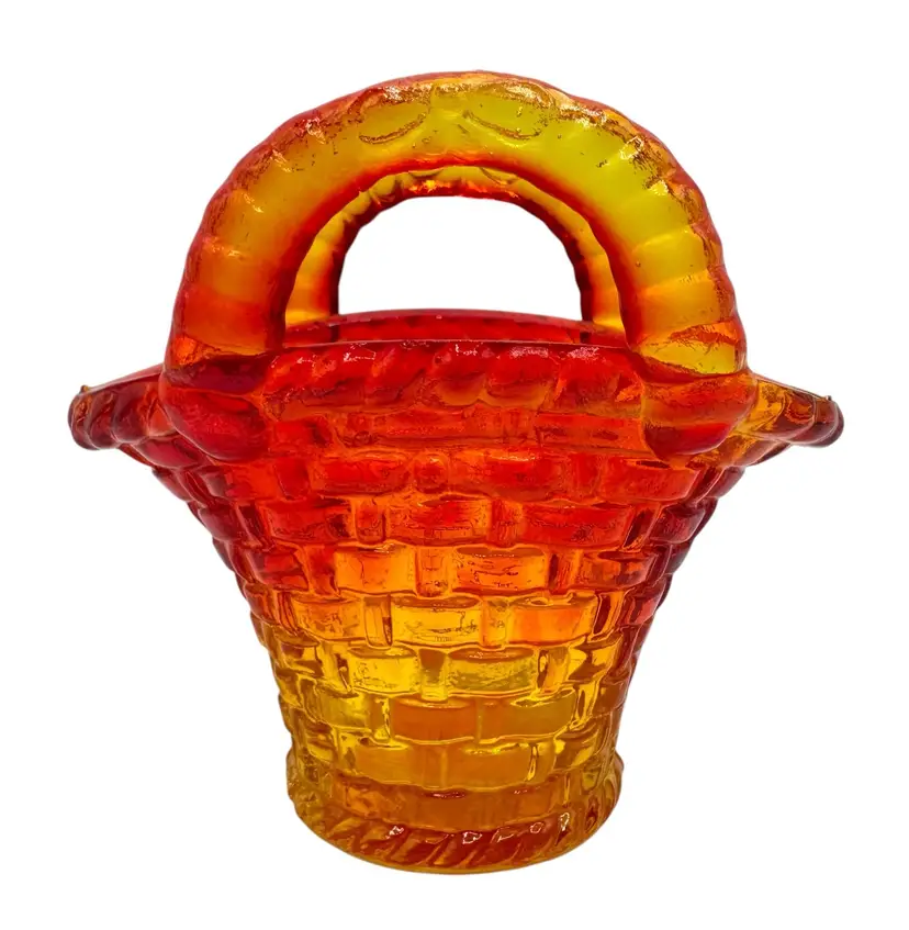 Vintage LE Smith Glass Mini Basket Handled Weave Amberina Red Yellow Orange
