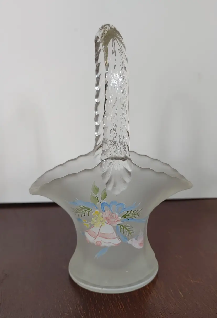 Westmoreland Frosted Satin Finish Basket with clear handle. Forget Me Not design. 7 inches high. No chips or cracks.