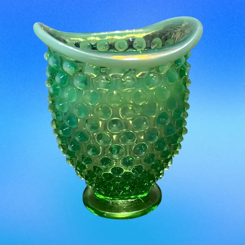 Vtg Fenton Uranium Glass Vase Green Opalescent Hobnail Flared Rim  3.5" Glows!