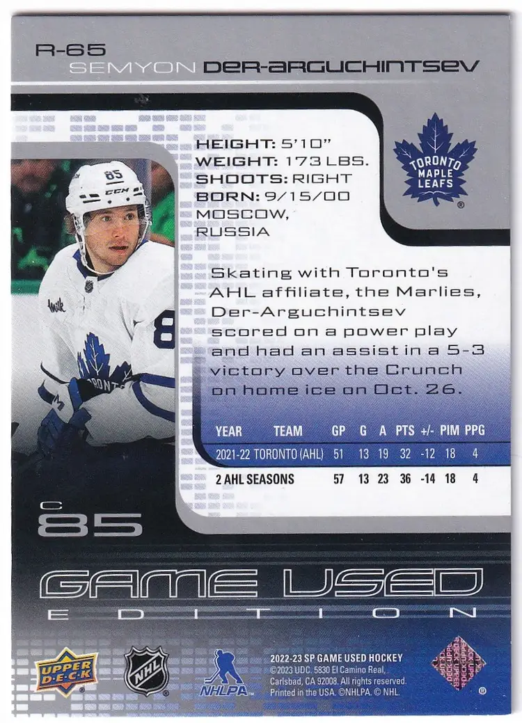 2022-23 SP Game Used '01-02 Retro Rookies #R65 Semyon Der-Arguchintsev Toronto Maple Leafs Hockey Card