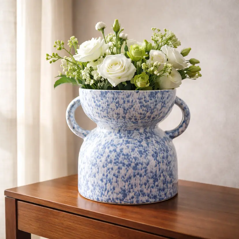 Blue & White Spongeware Pottery Vase w/ Handles, 7" Tall 7" Diameter