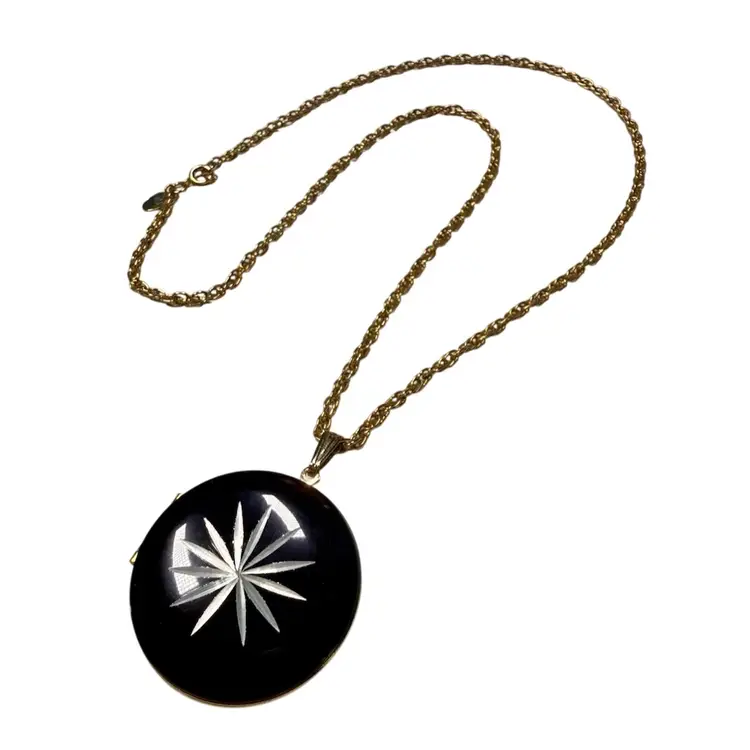 24” Vintage PARK LANE Starburst Locket Necklace | Gold Tone Black