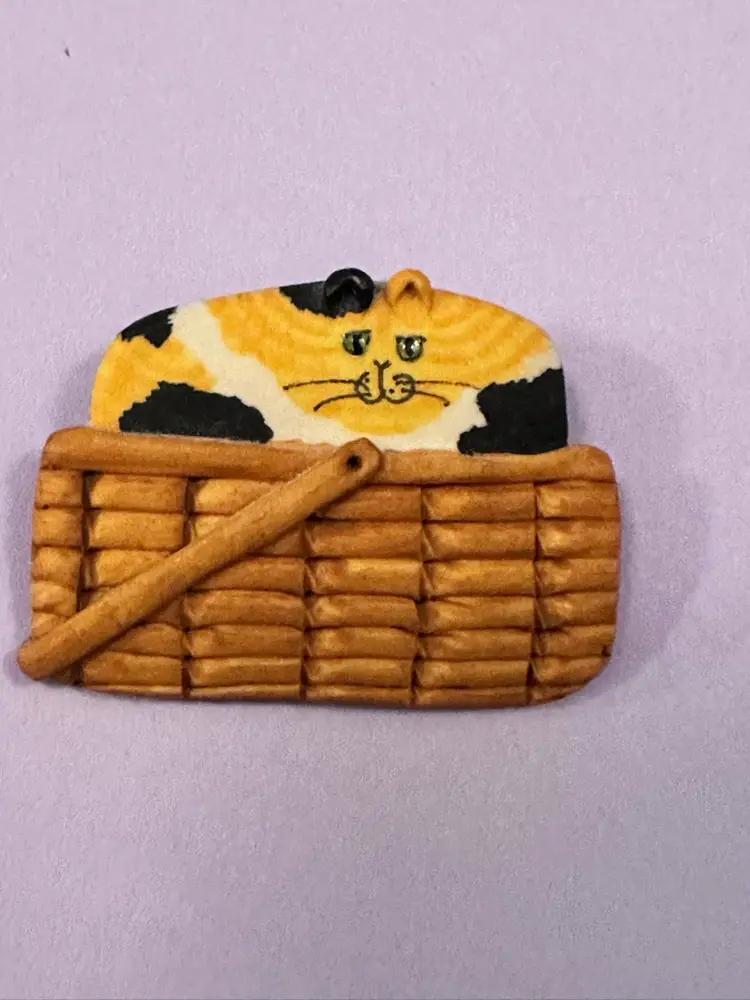 Pottery Or Ceramic fat Cat in a basket  Brooch And Signed