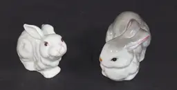 2 Small Porcelain Bunny Figurines Grey White