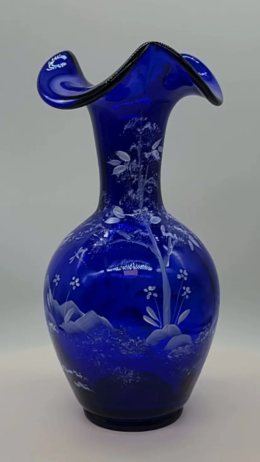 FENTON COBALT BLUE DRAGONFLY POND FROG RUFFLED VASE 100TH ANNIV SIGNED