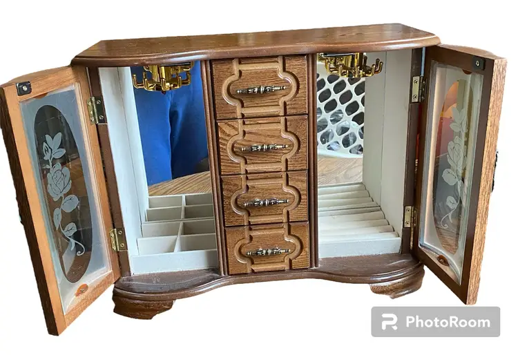 Vintage Wooden Jewelry Box Dresser Display Case Fancy Nice!