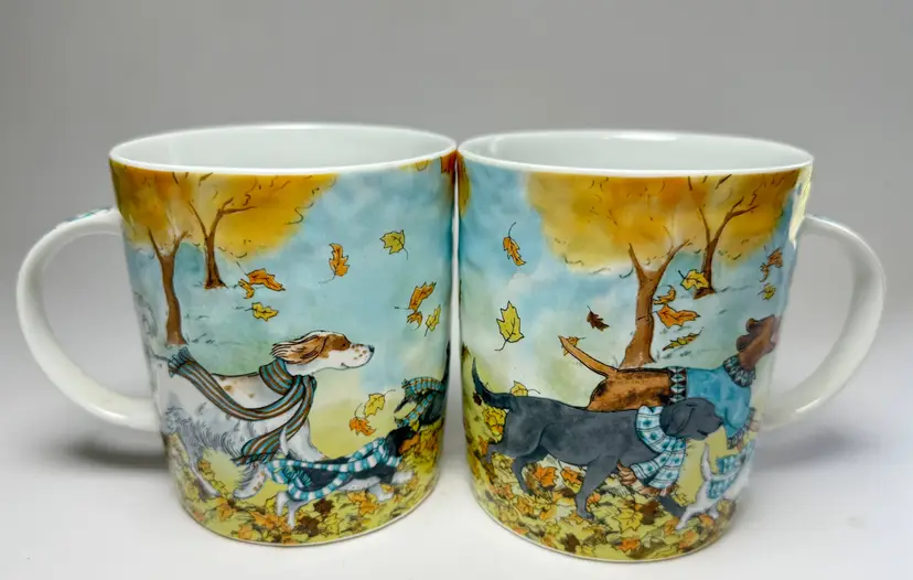 Pier 1 Park Avenue Puppies Mug Lazy Sunday Autumn Dogs 22 Oz Mug Retired Set 2