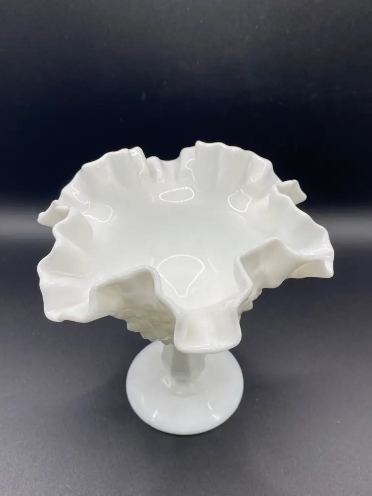 Vintage Fenton Milk Glass Hobnail Ruffled Compote