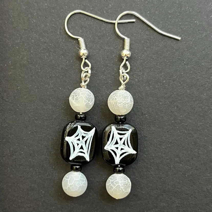 Handmade By Me- Halloween Spiderweb Glass Bead Dangle Earrings, Hand Drawn Glass Beads, Nickel Free