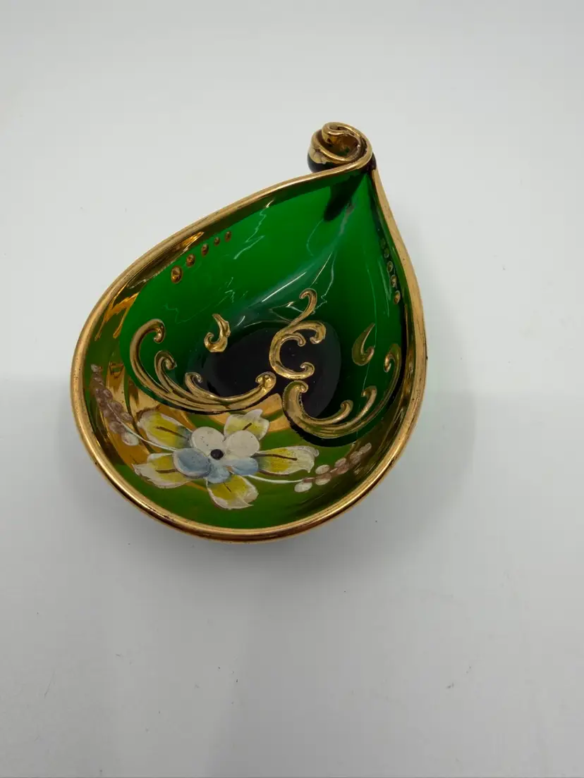 Venetian Glass Curved Pin Dish, Raised Flowers, Green W Gold Accents