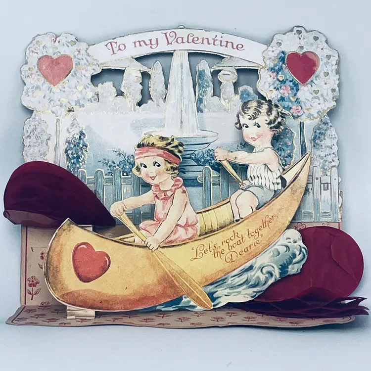 Antique German 1920s Die-Cut Pop-Up Valentine - "To My Sweetheart and Let's Rock The Boat Together"