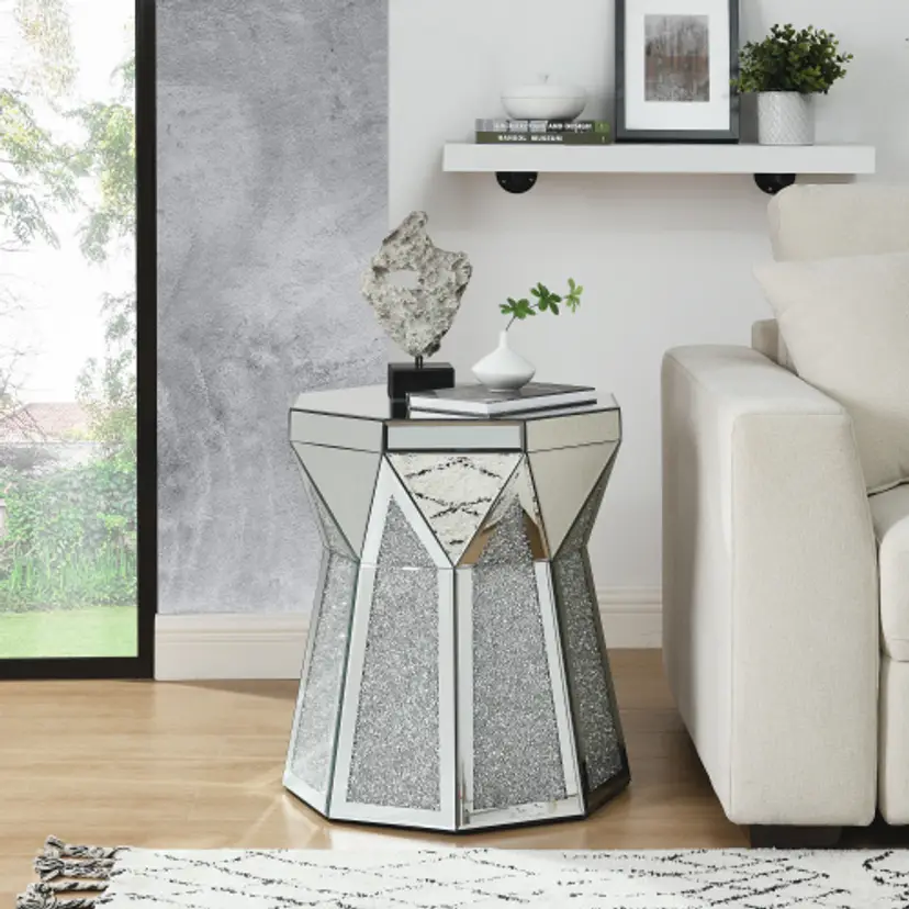 Drum Style Coffee Table with Mirror Crystal Inlay, Silver Polygonal Accent Table, Modern Luxury Design for Living Room