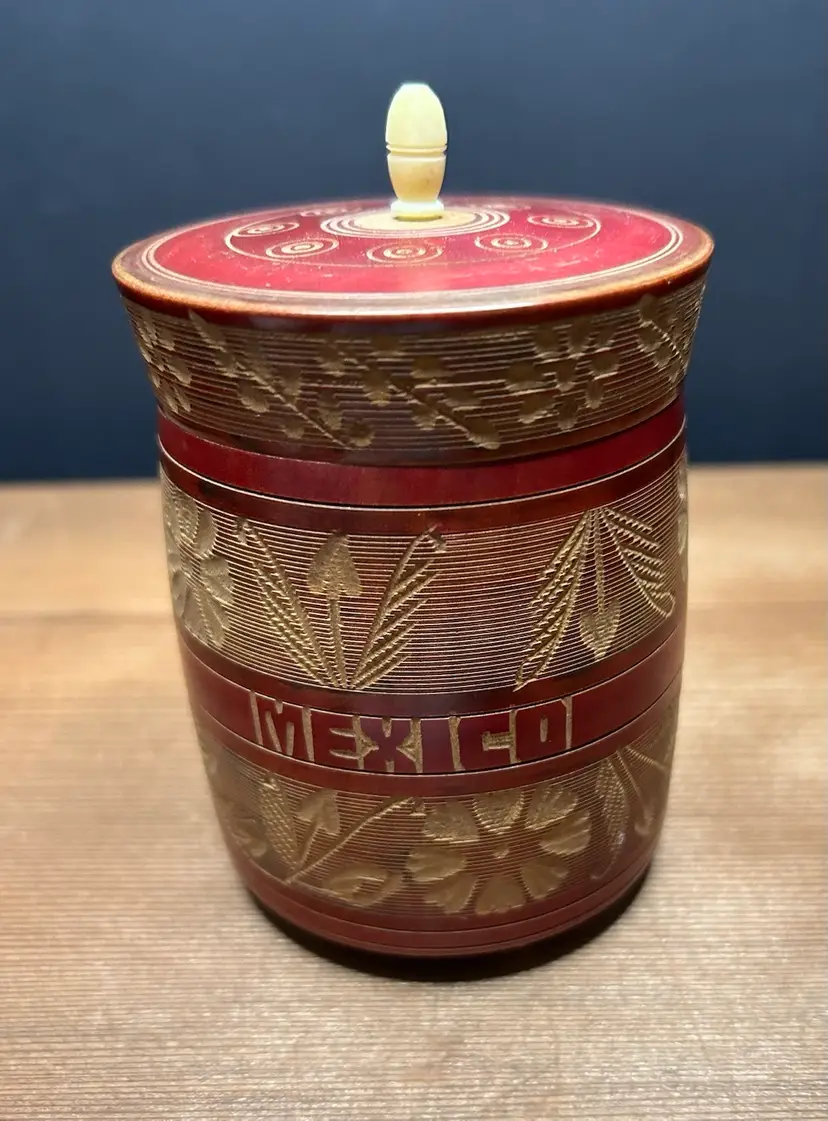Vintage Decorative Wooden Snuff Container Hand Carved Labeled Mexico
4 1/2x3