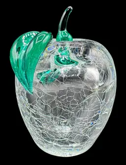 Vintage Art Glass Heavy Apple Shaped Paperweight Clear Aqua Crackle Applied 5”