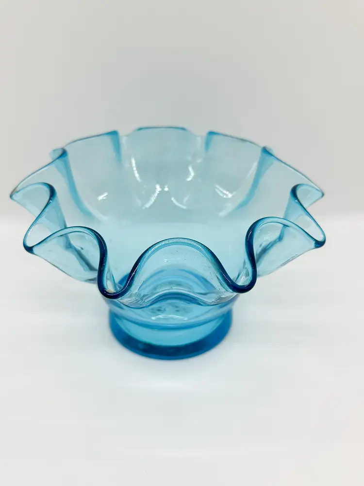 Handblown Glass Bowl Ruffle Edge Blue Candy Dish Aqua Vase Planter Handmade