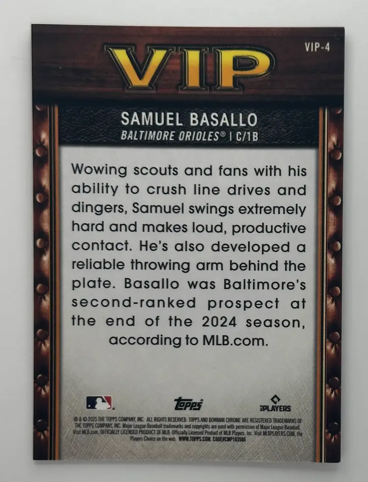 Samuel Basallo Bowman Chrome VIP Orioles #108/275
