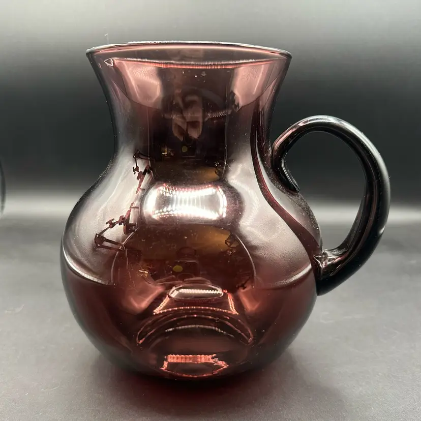 Purple Amethyst Art Glass Pitcher, Applied Handle, Unsigned 7”H 6”W UV GLOW