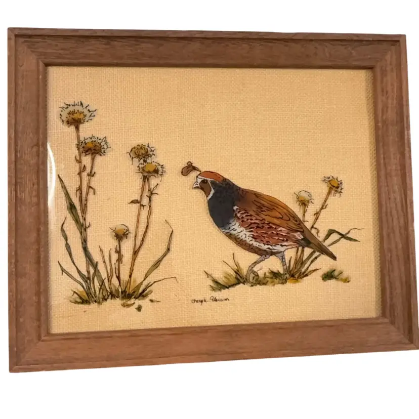 Quail And Flowers Reverse Painted Picture 13.5” X 10.5” In 16 X 13” Frame Signed By Cheryl Peterson
