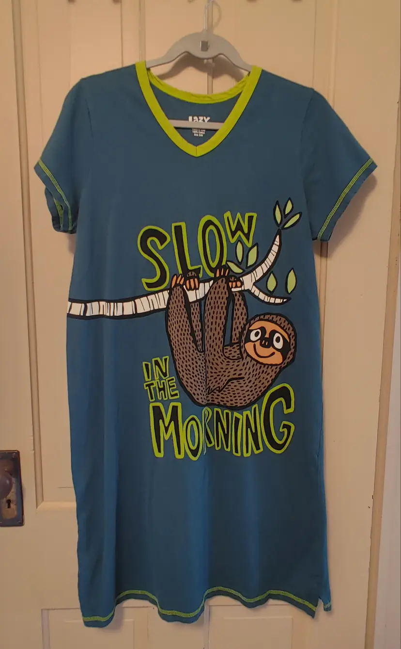 Pajamas: Brand- Lazy One. Size small/medium. 100% Cotton. Teal nightshirt with sloth. No callouts.