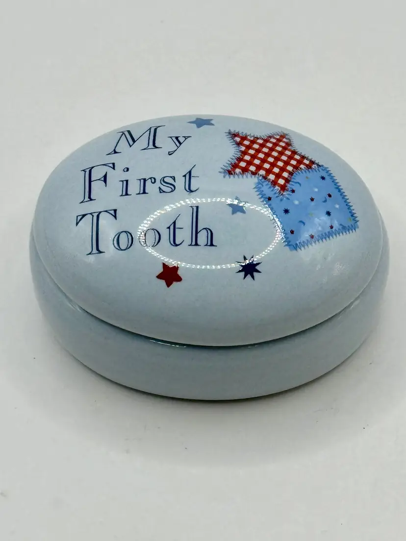 Vintage Boy’s 'My First Tooth' Keepsake Box, Baby Blue With Patchwork Design, Collectible Memory Trinket, Unbranded