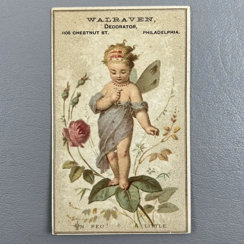 Victorian Trade Card Fairy Rose Walraven Decorator Philadelphia 1105 Chestnut St. 4.5x2.75"