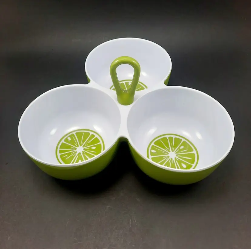 Avocado Green Limes Condiment Handled 3 Section Serving Dish Bowl Melamine Retro
