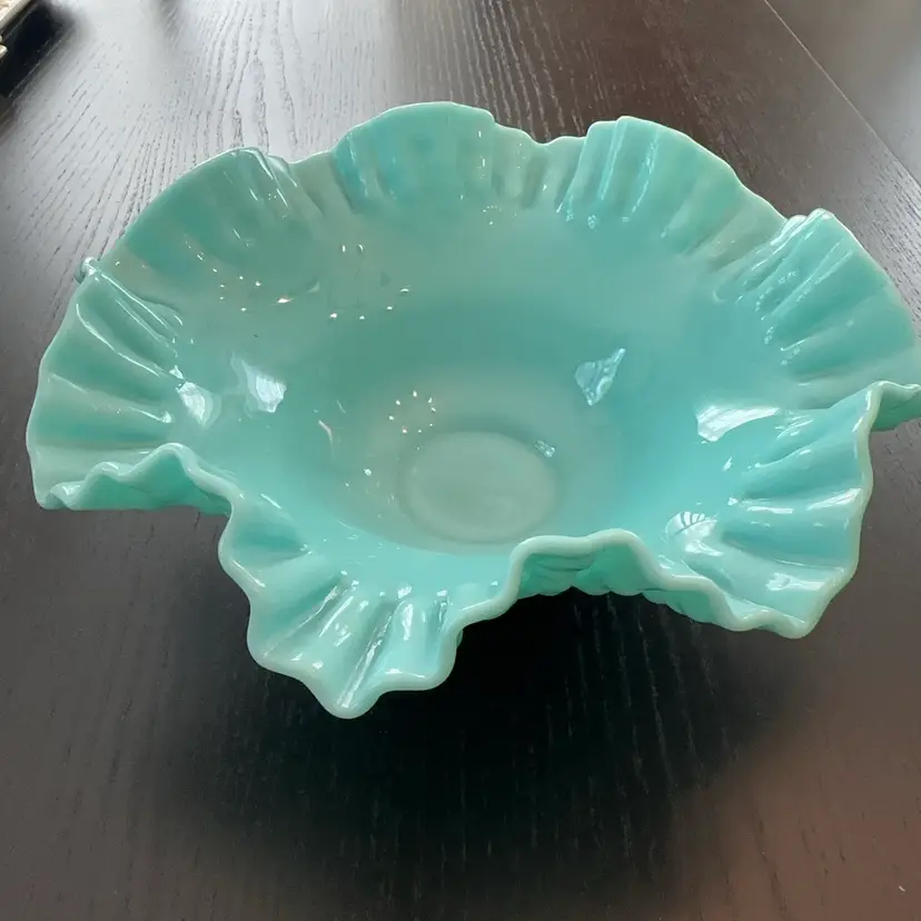 Vintage 1950s Fenton Turquoise Blue Milk Glass Hobnail Large 10.5” Ruffled Bowl