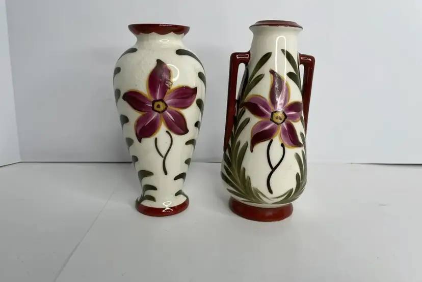 2 Vintage Czech pottery hand painted art deco vases 6”