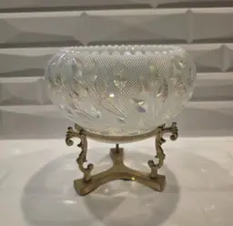 FENTON Art Glass White Iridescent Carved Rose  Bowl  With Brass  Stand