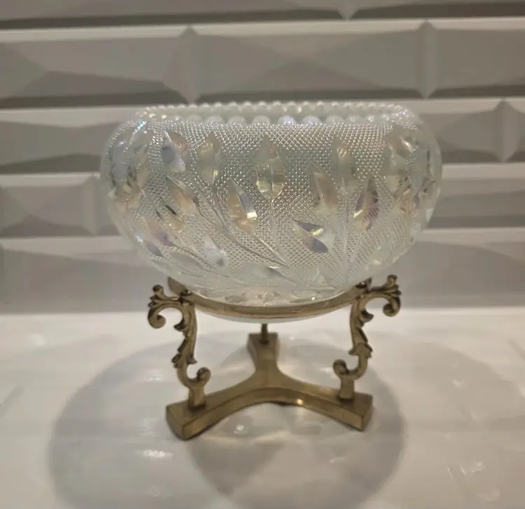 FENTON Art Glass White Iridescent Carved Rose  Bowl  With Brass  Stand