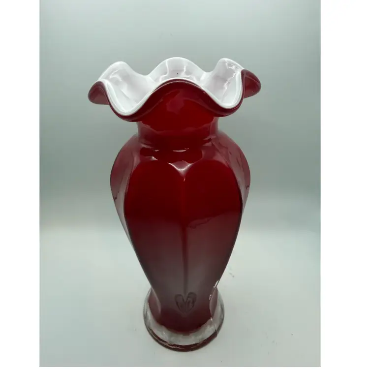 Vintage Ruby Red Cased Art Glass Vase with ruffled white interior.