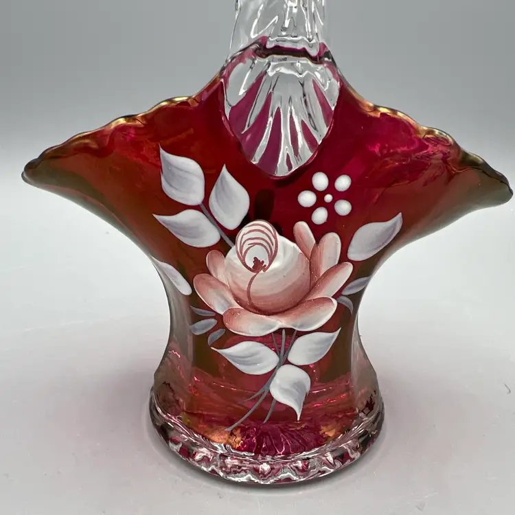 Vintage Hand Painted Ruby  Westmoreland Glass Basket 1982 Signed Sticker