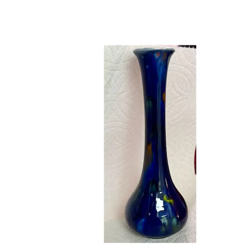 Studio Pottery Slim Line Bud Vase Blue With Green & Brown Glaze