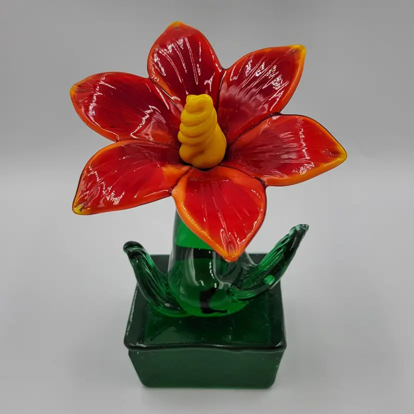 Art Glass Red Pulled Flower With yellow Twist Center On Green Stem & Base Paperweight Figurine