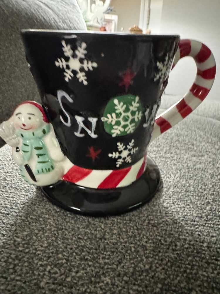 Blue Snowman Mugs with Candy Cane Handles