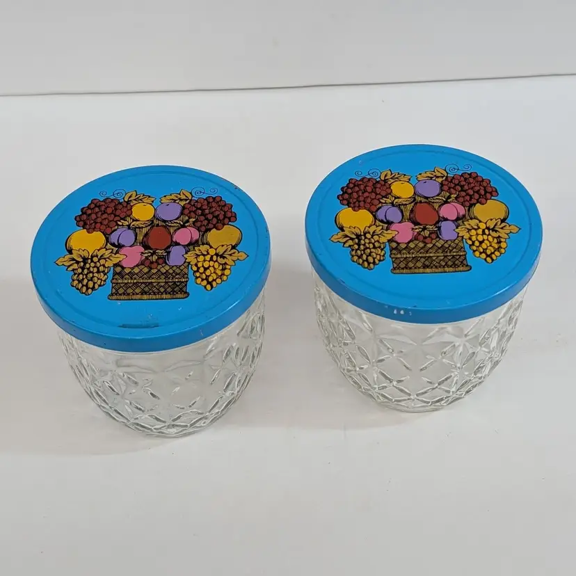 2 Vintage Ball Jars Quilted Crystal Jelly Glasses Metal Blue Fruit Lids Retro