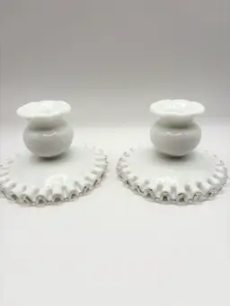 Pair Of Fenton Silver Crest Milk Glass Candlestick Holders Ribbon Detail Vintage
