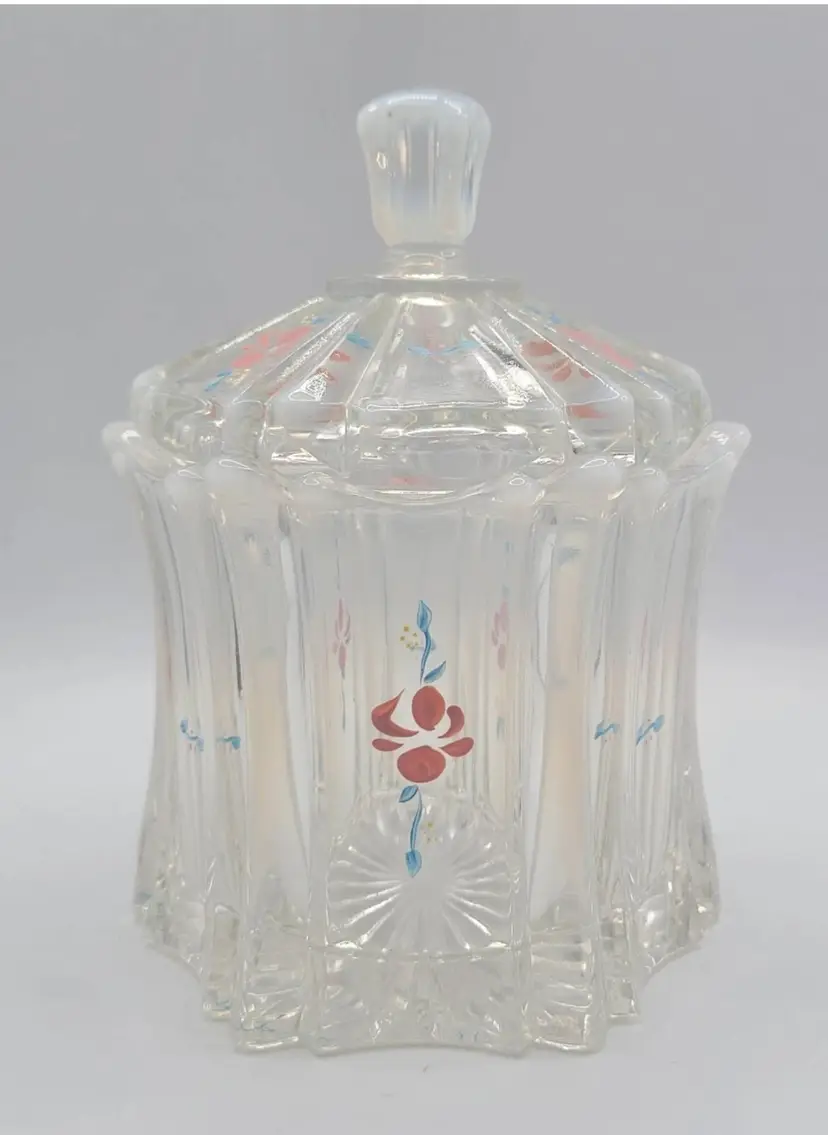 1970s Fenton Opalescent Covered Candy Dish Hand Painted Flowers • Signed • *Pic